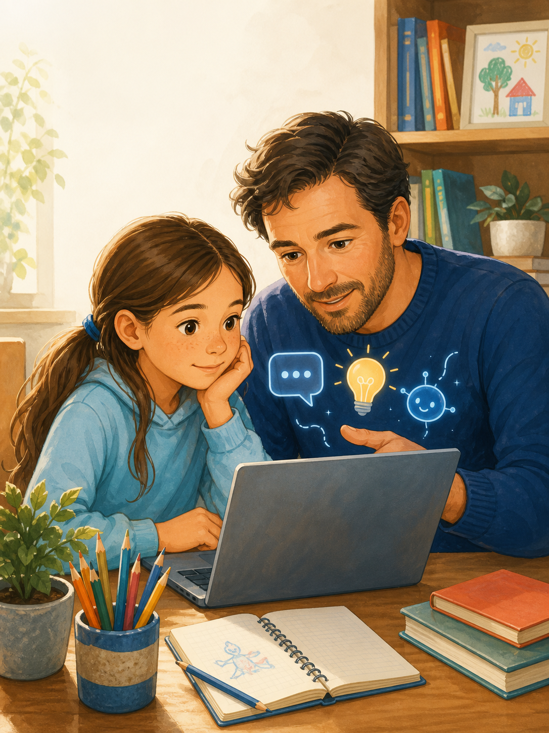Papà e bambina osservano insieme l’uso dell’intelligenza artificiale