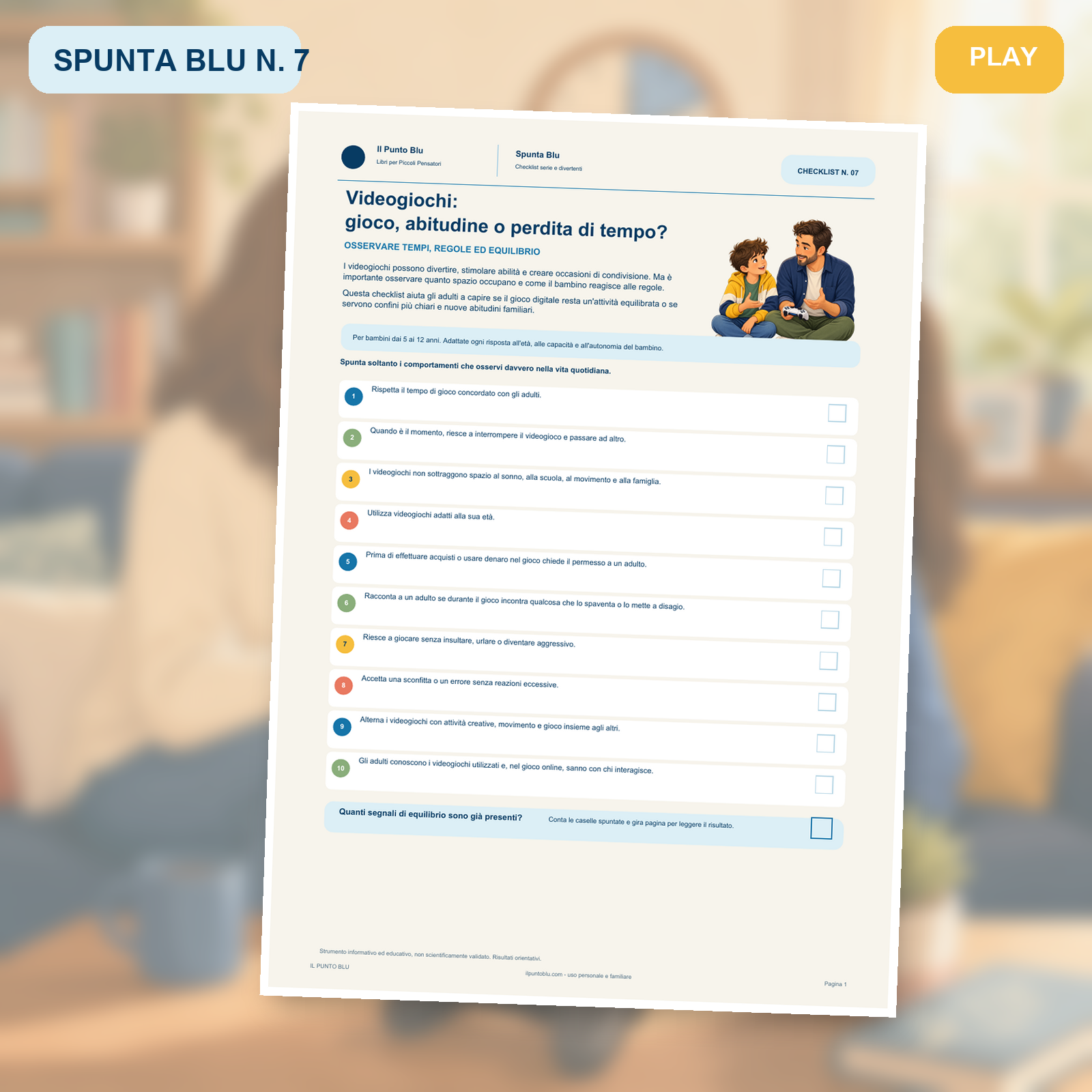 Copertina della checklist Spunta Blu n. 7 dedicata all’equilibrio nell’uso dei videogiochi