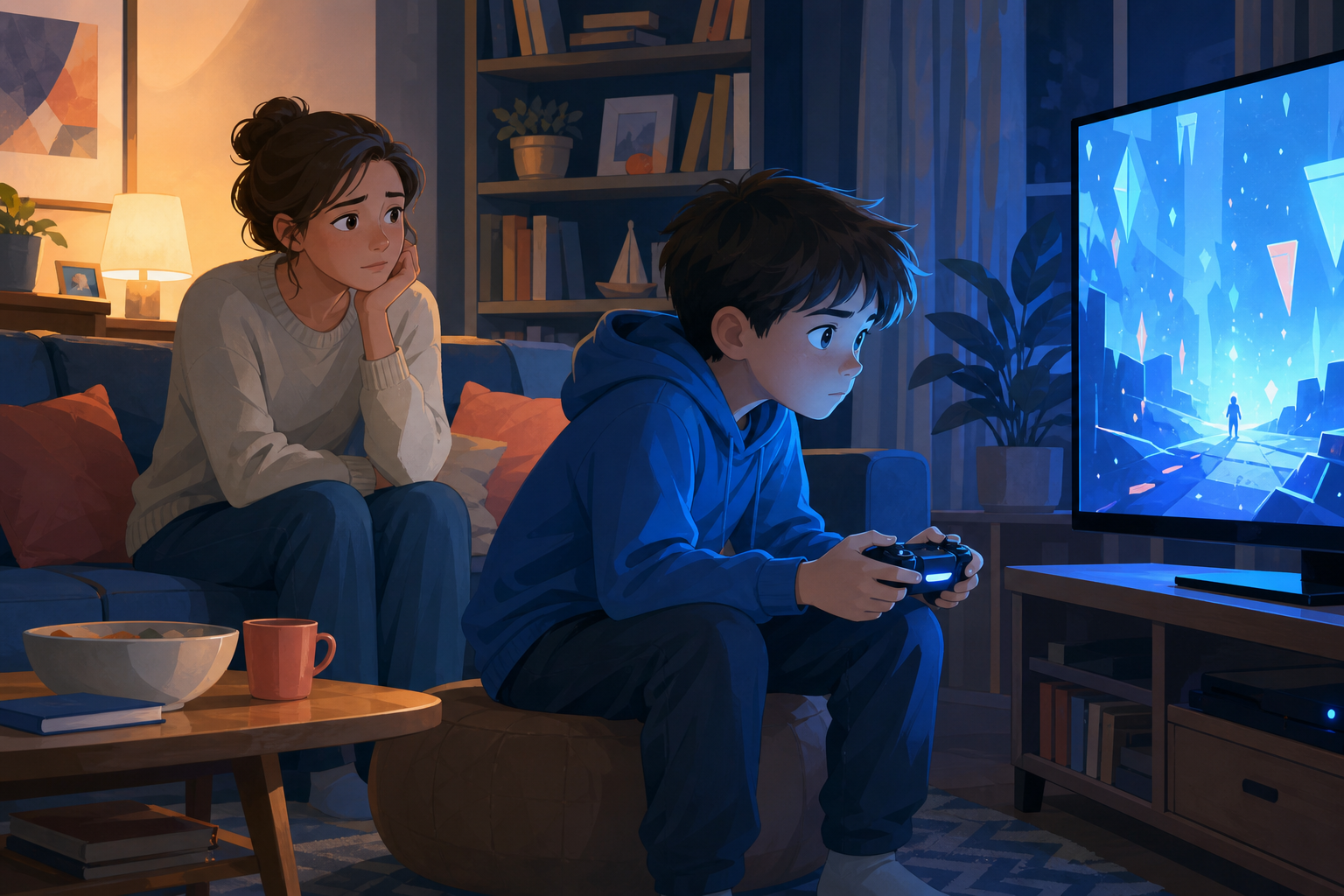 Bambino completamente assorto nel videogioco mentre la madre lo osserva con preoccupazione