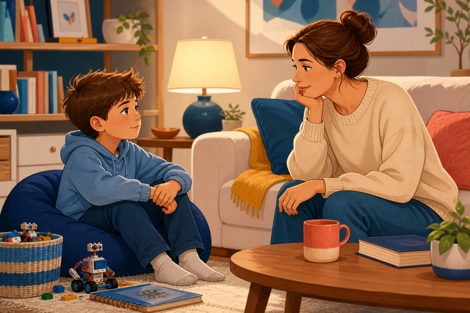 Mamma e bambino dialogano insieme in un momento quotidiano sereno
