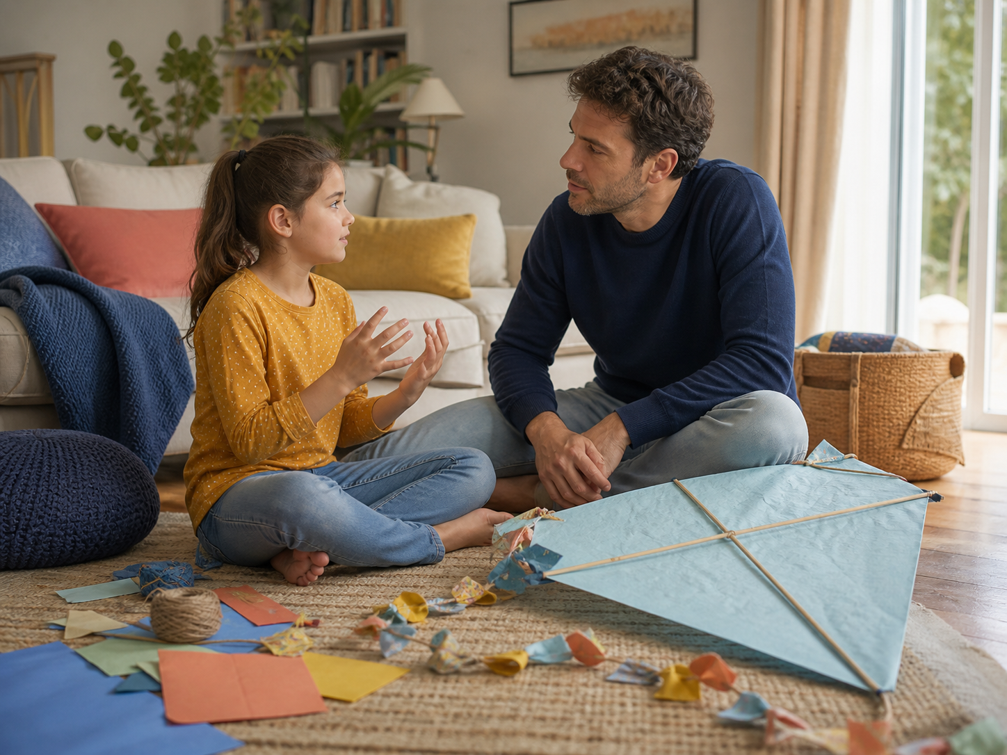 Papà e bambina costruiscono un aquilone e dialogano in un momento quotidiano sereno
