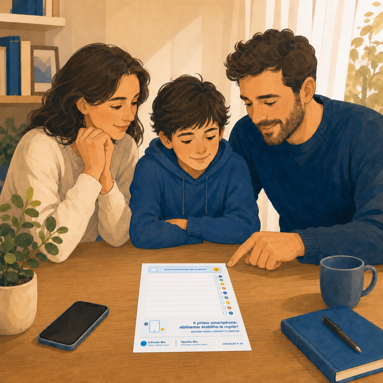 Genitori e bambino stabiliscono insieme le regole per il primo smartphone