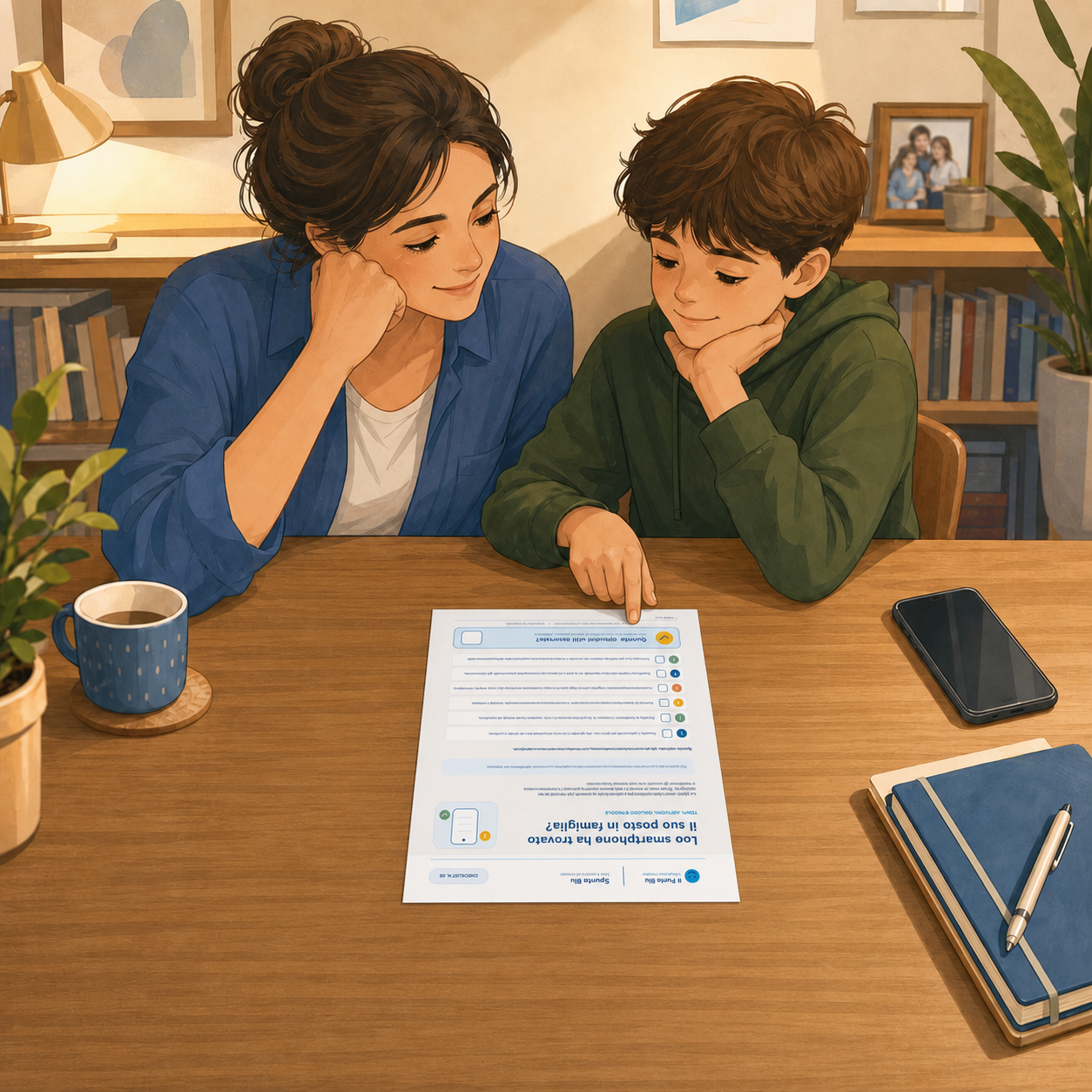 Genitore e bambino verificano insieme le abitudini legate allo smartphone