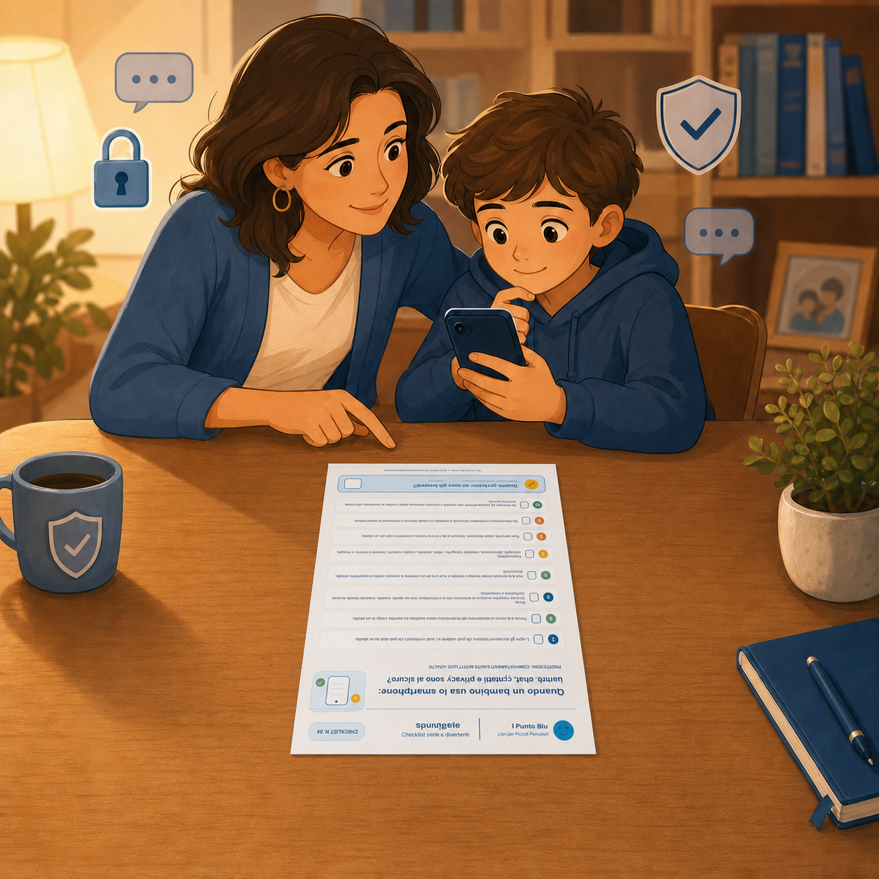 Madre e bambino parlano insieme di chat, contatti e privacy sullo smartphone