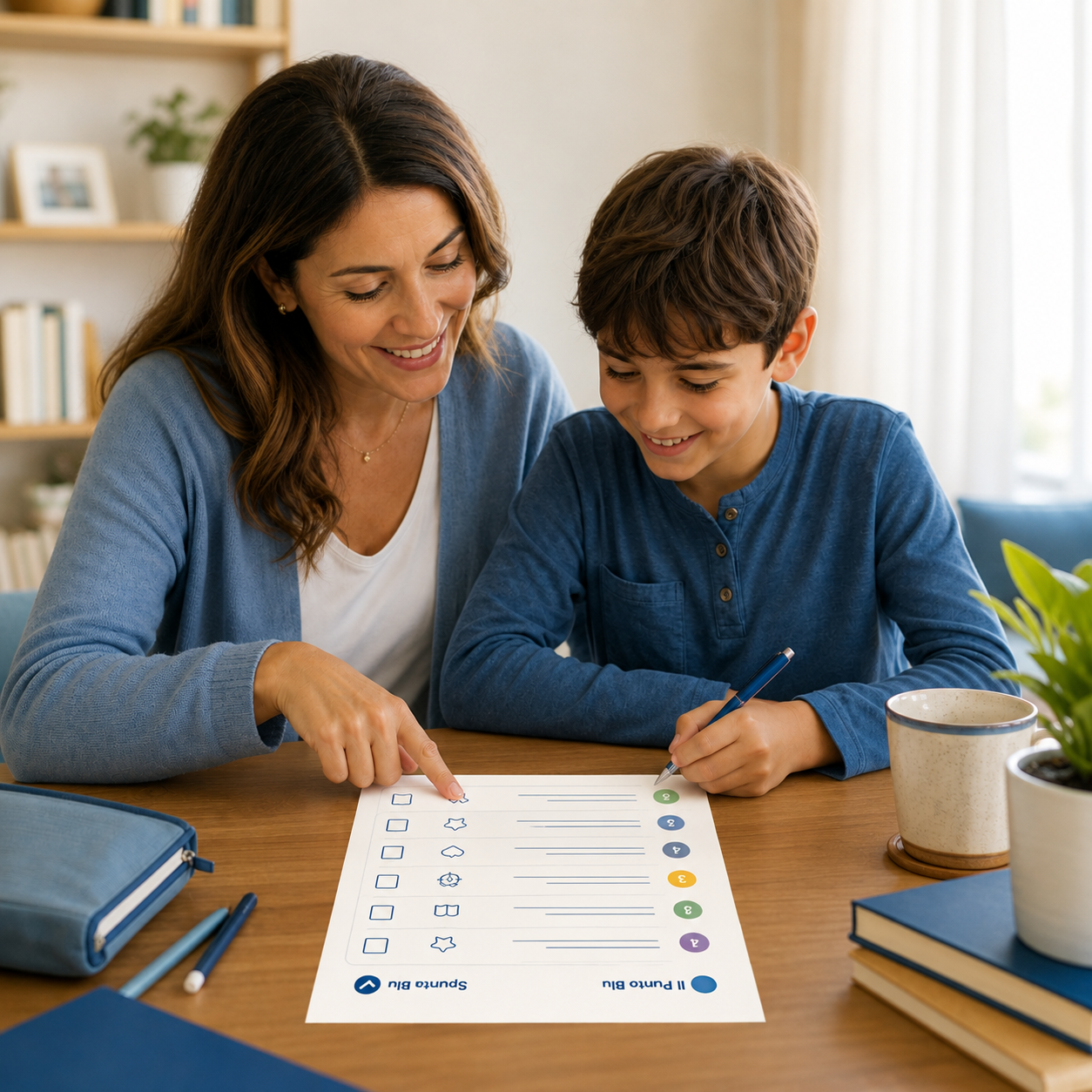 Un adulto e un bambino compilano insieme una checklist Spunta Blu