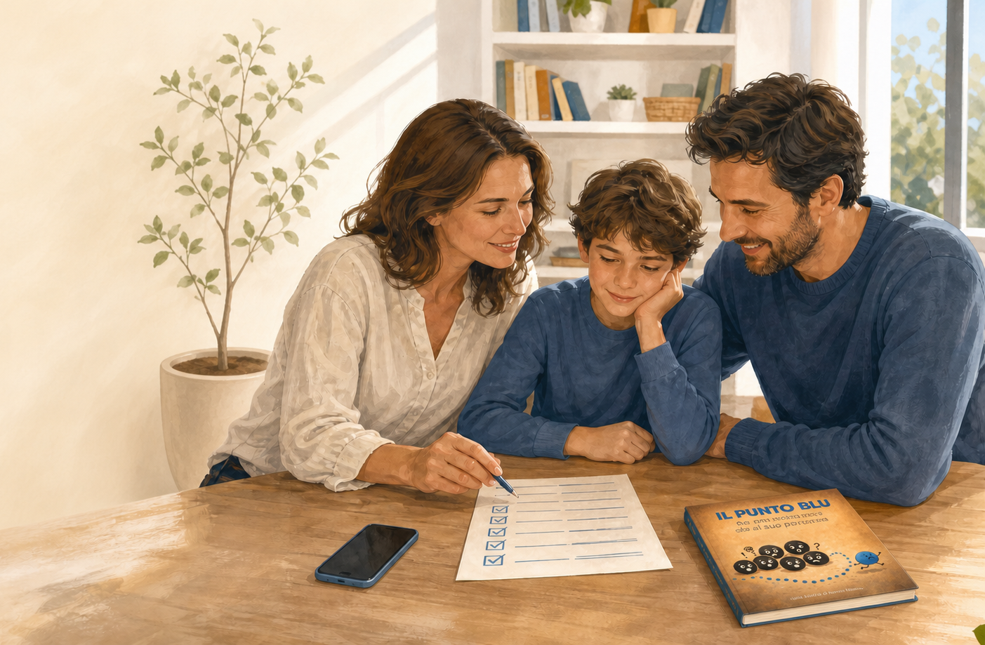 Una famiglia usa una guida pratica Spunta Blu