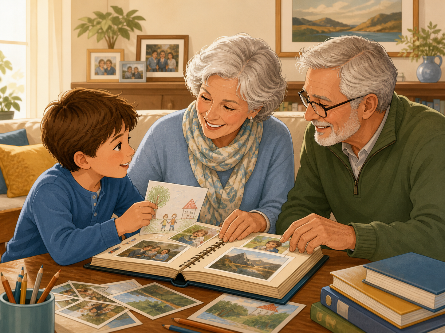 Nonni e nipoti condividono un momento sereno di dialogo e vicinanza