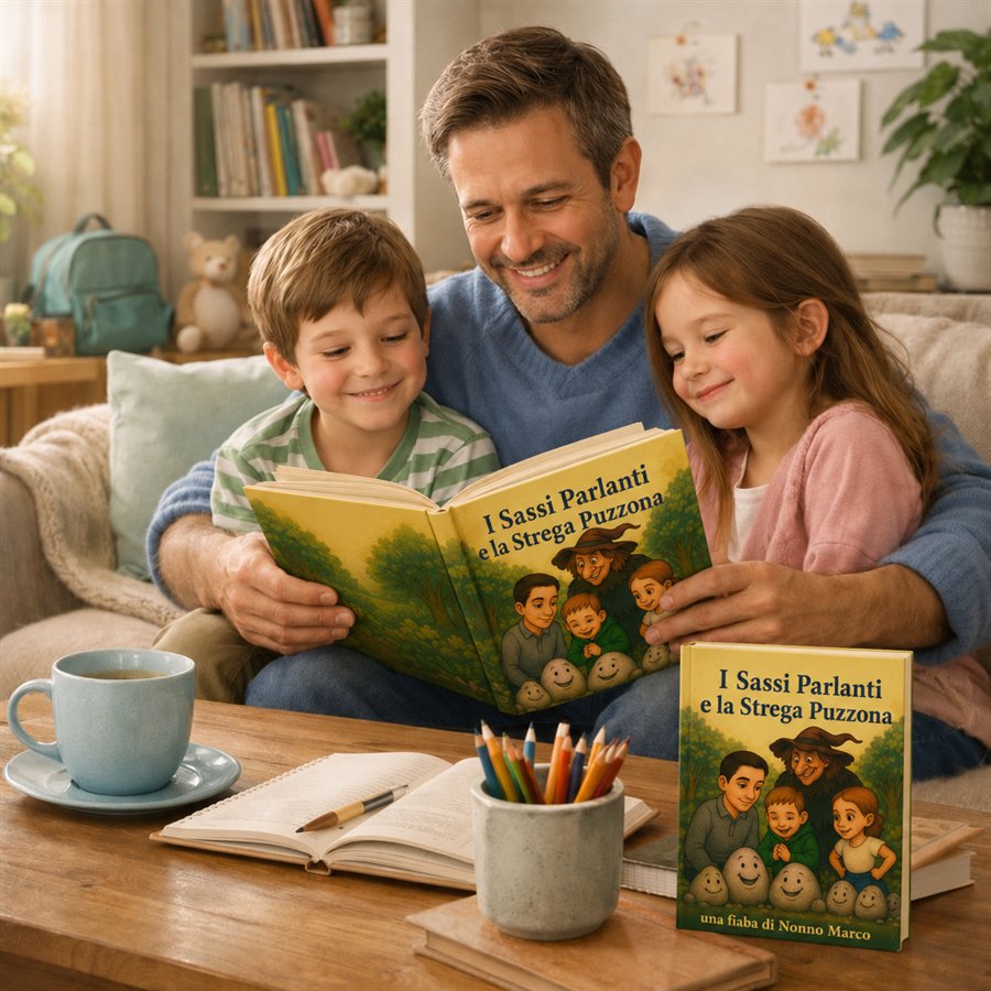 Una famiglia legge insieme un libro del Punto Blu